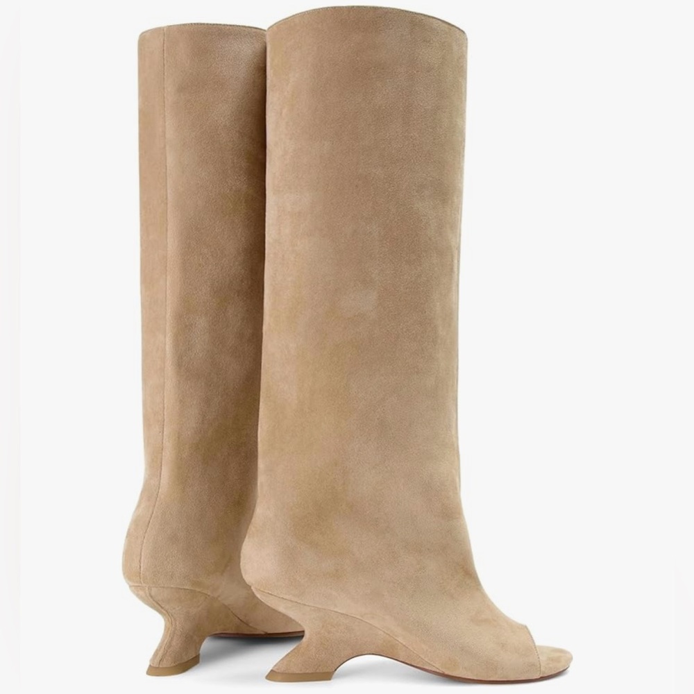 Tan Peep-Toe Knee-High Pull-On Wedge Heel Long Tall Boots - NEW - Picture 3 of 6